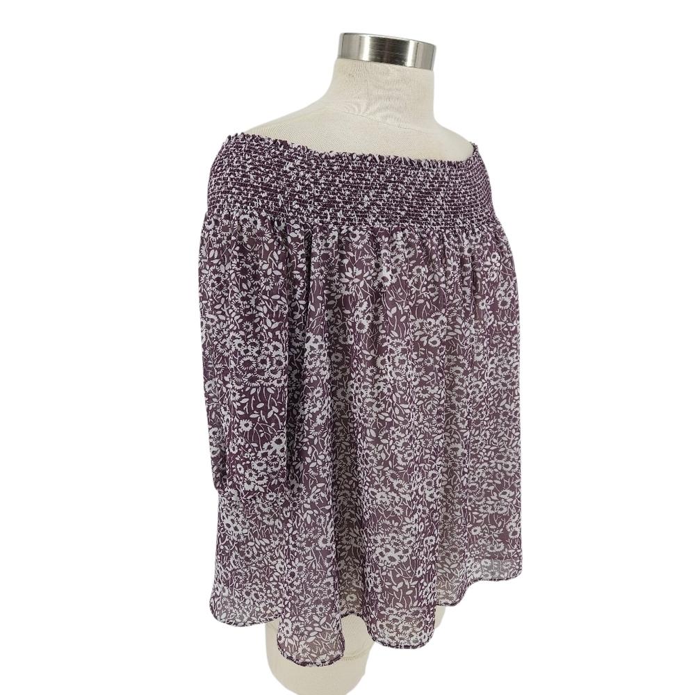 Ann Taylor LOFT Peasant Top Purple Floral Off Shoulder 3/4 Sleeve Shirt XS - Picture 4 of 10